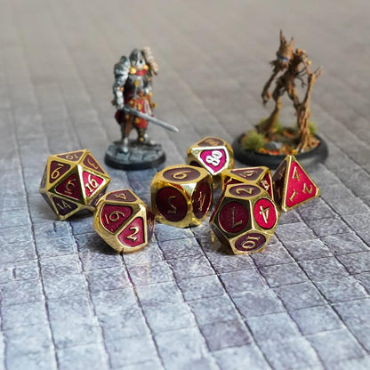FanRoll by Metallic Dice Games 16mm Metal Polyhedral DND Dice Set: Gold w/ Purple Enamel, Role Playing Game Dice for Dungeons and Dragons Gold With Purple