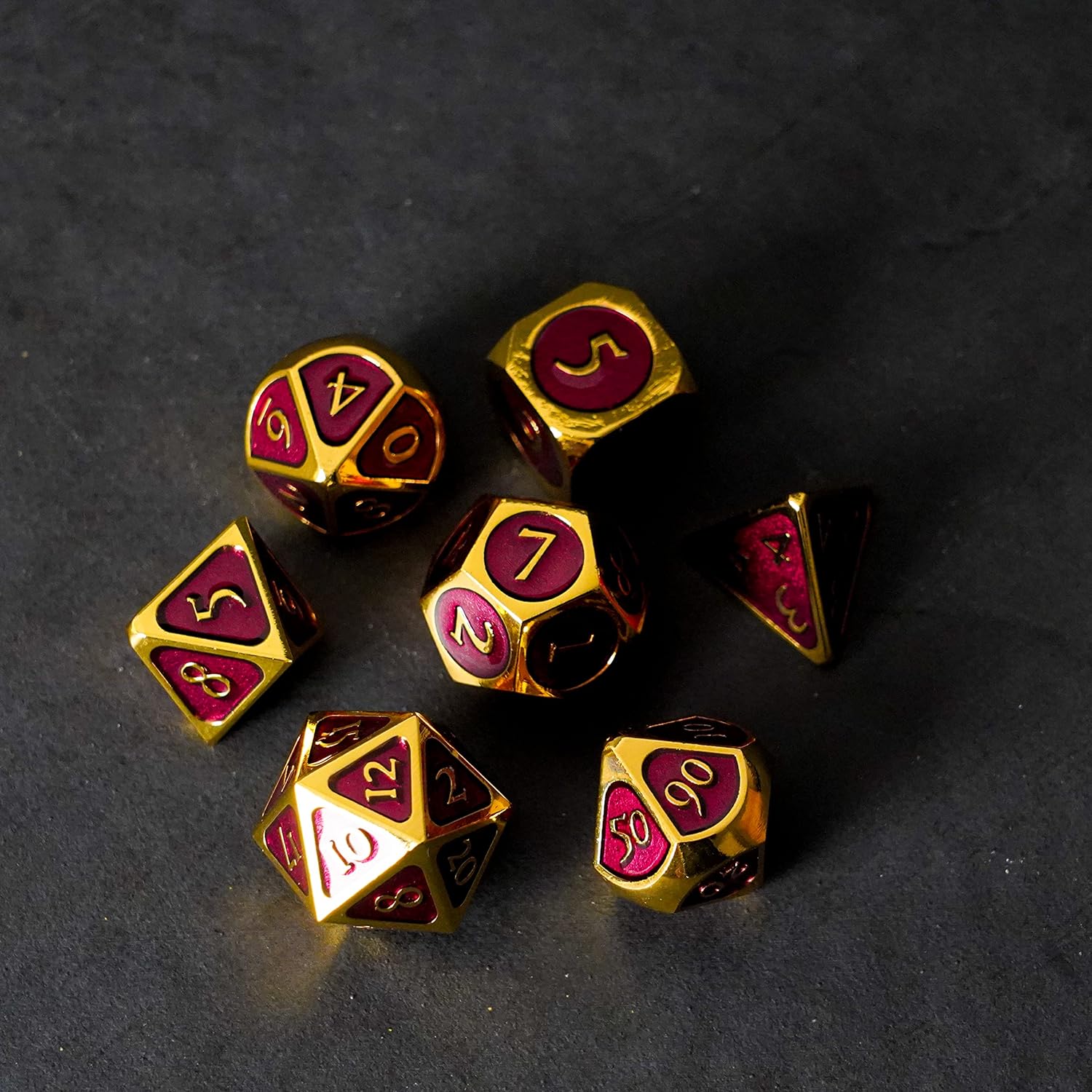 FanRoll by Metallic Dice Games 16mm Metal Polyhedral DND Dice Set: Gold w/ Purple Enamel, Role Playing Game Dice for Dungeons and Dragons Gold With Purple