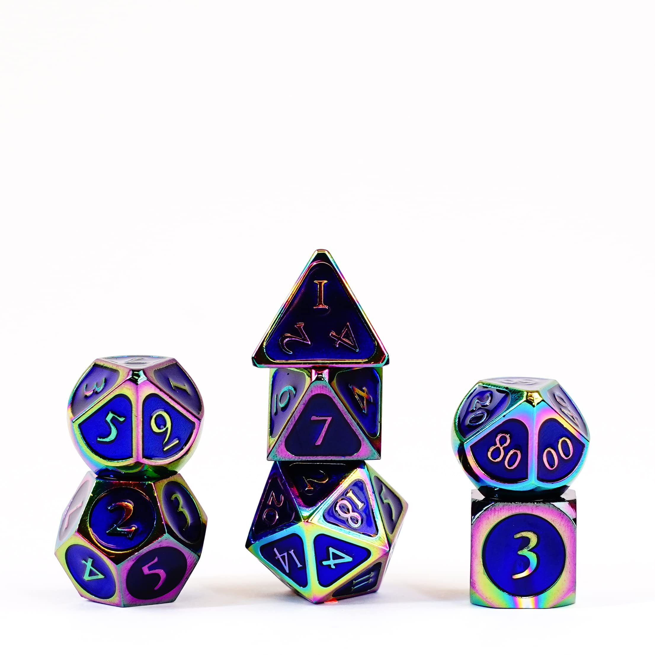 FanRoll by Metallic Dice Games 16mm Metal Polyhedral DND Dice Set: Rainbow w/ Blue Enamel, Role Playing Game Dice for Dungeons and Dragons Rainbow With Blue