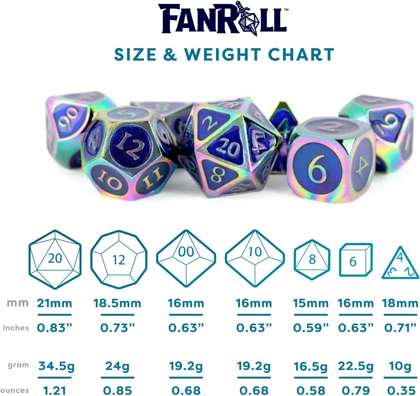 FanRoll by Metallic Dice Games 16mm Metal Polyhedral DND Dice Set: Rainbow w/ Blue Enamel, Role Playing Game Dice for Dungeons and Dragons Rainbow With Blue
