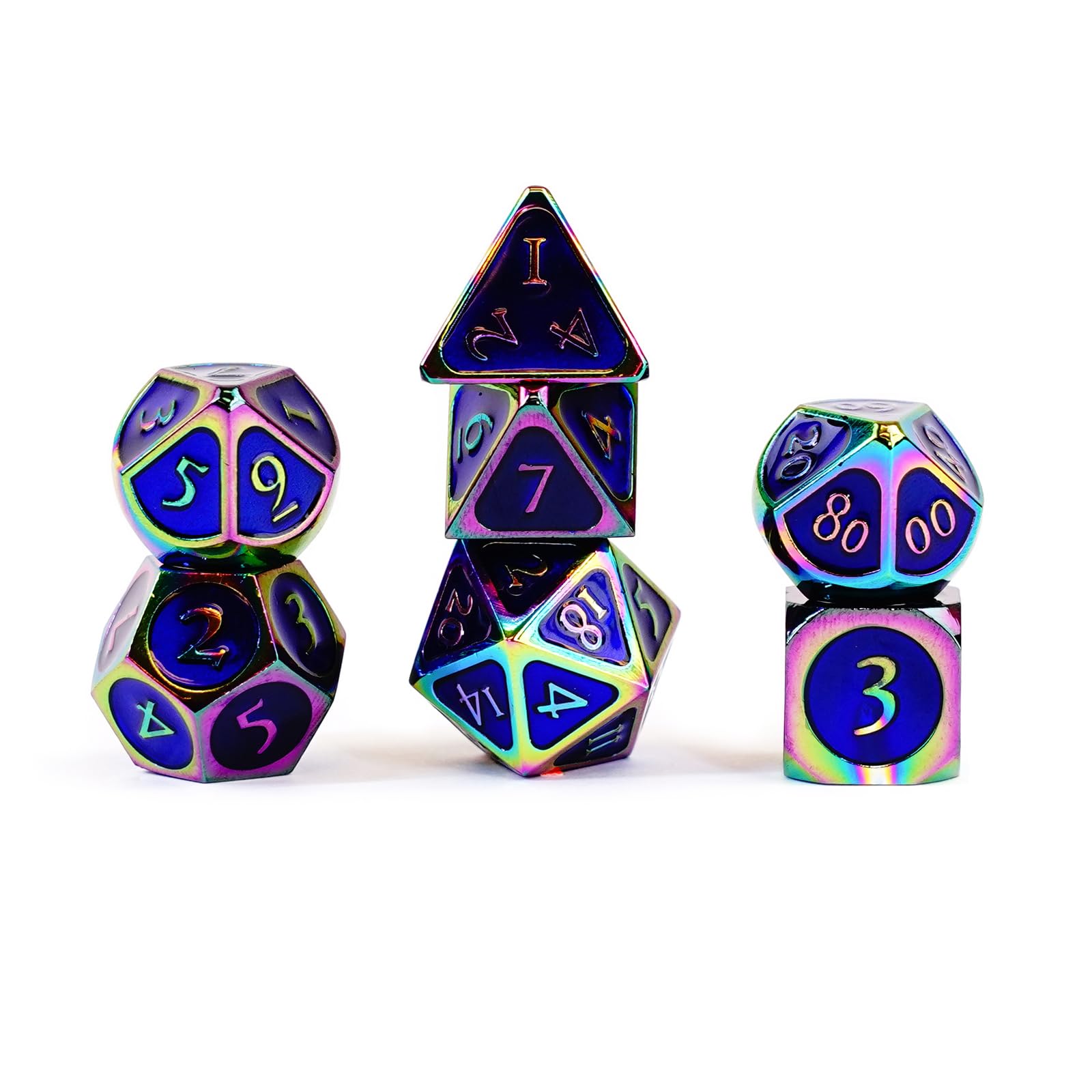 FanRoll by Metallic Dice Games 16mm Metal Polyhedral DND Dice Set: Rainbow w/ Blue Enamel, Role Playing Game Dice for Dungeons and Dragons Rainbow With Blue