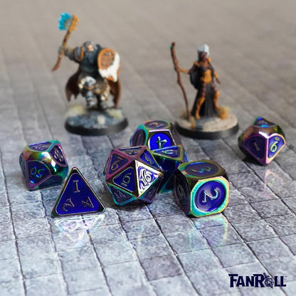 FanRoll by Metallic Dice Games 16mm Metal Polyhedral DND Dice Set: Rainbow w/ Blue Enamel, Role Playing Game Dice for Dungeons and Dragons Rainbow With Blue