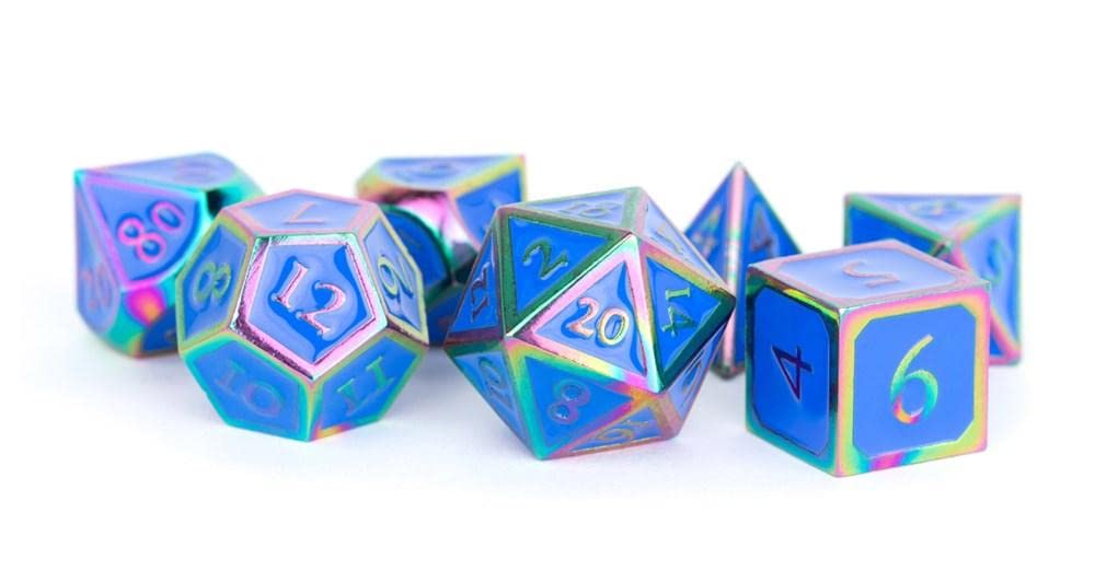 FanRoll by Metallic Dice Games 16mm Metal Polyhedral DND Dice Set: Rainbow w/ Blue Enamel, Role Playing Game Dice for Dungeons and Dragons Rainbow With Blue