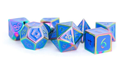 FanRoll by Metallic Dice Games 16mm Metal Polyhedral DND Dice Set: Rainbow w/ Blue Enamel, Role Playing Game Dice for Dungeons and Dragons Rainbow With Blue