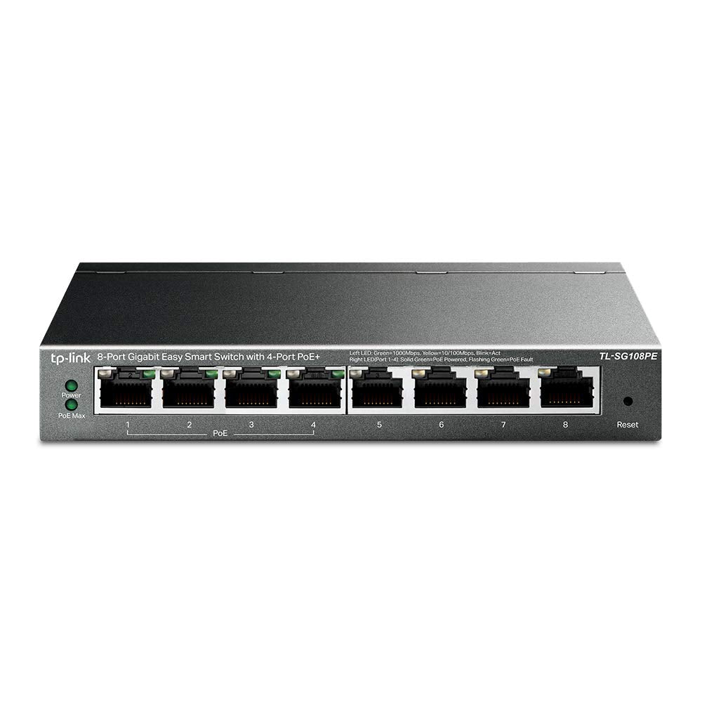 TP-Link PoE Switch 8-Port Gigabit, 4 802.3af/at PoE+ ports up to 30 W for each PoE port and 64 W for all PoE ports, Metal Casing, Network monitoring, VLAN, QoS, PoE Auto Recovery (TL-SG108PE
