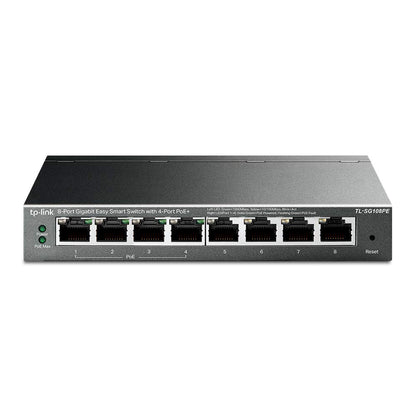 TP-Link PoE Switch 8-Port Gigabit, 4 802.3af/at PoE+ ports up to 30 W for each PoE port and 64 W for all PoE ports, Metal Casing, Network monitoring, VLAN, QoS, PoE Auto Recovery (TL-SG108PE