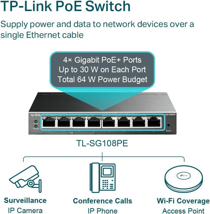 TP-Link PoE Switch 8-Port Gigabit, 4 802.3af/at PoE+ ports up to 30 W for each PoE port and 64 W for all PoE ports, Metal Casing, Network monitoring, VLAN, QoS, PoE Auto Recovery (TL-SG108PE