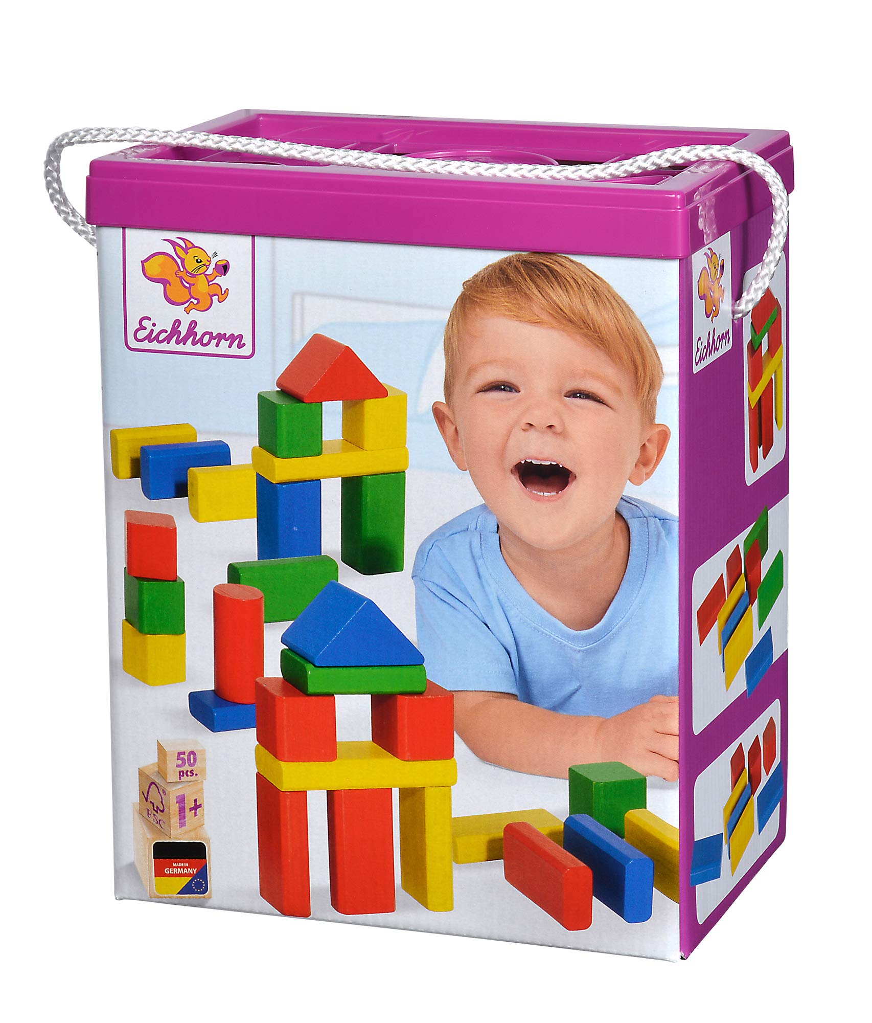 Eichhorn 100050161 50 bunte Holzbausteine in Aufbewahrungsbox mit Sortierdeckel, FSC 100 Prozent zertifiziertes Buchenholz, Motorikspielzeug geeignet für Kinder ab 1 Jahr