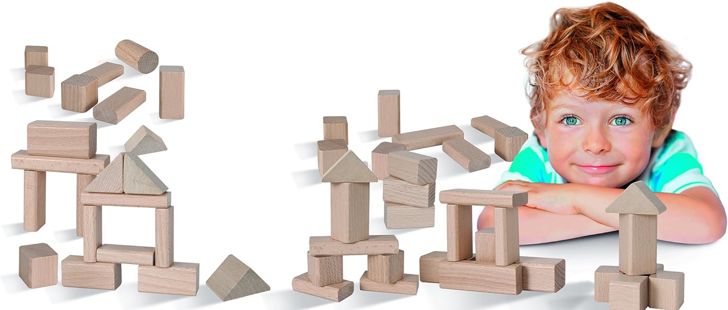 Eichhorn 100050141 50 naturfarbene Holzbausteine in Aufbewahrungsbox mit Sortierdeckel, FSC 1 zertifiziertes Buchenholz, Motorikspielzeug geeignet für Kinder ab 1 Jahr
