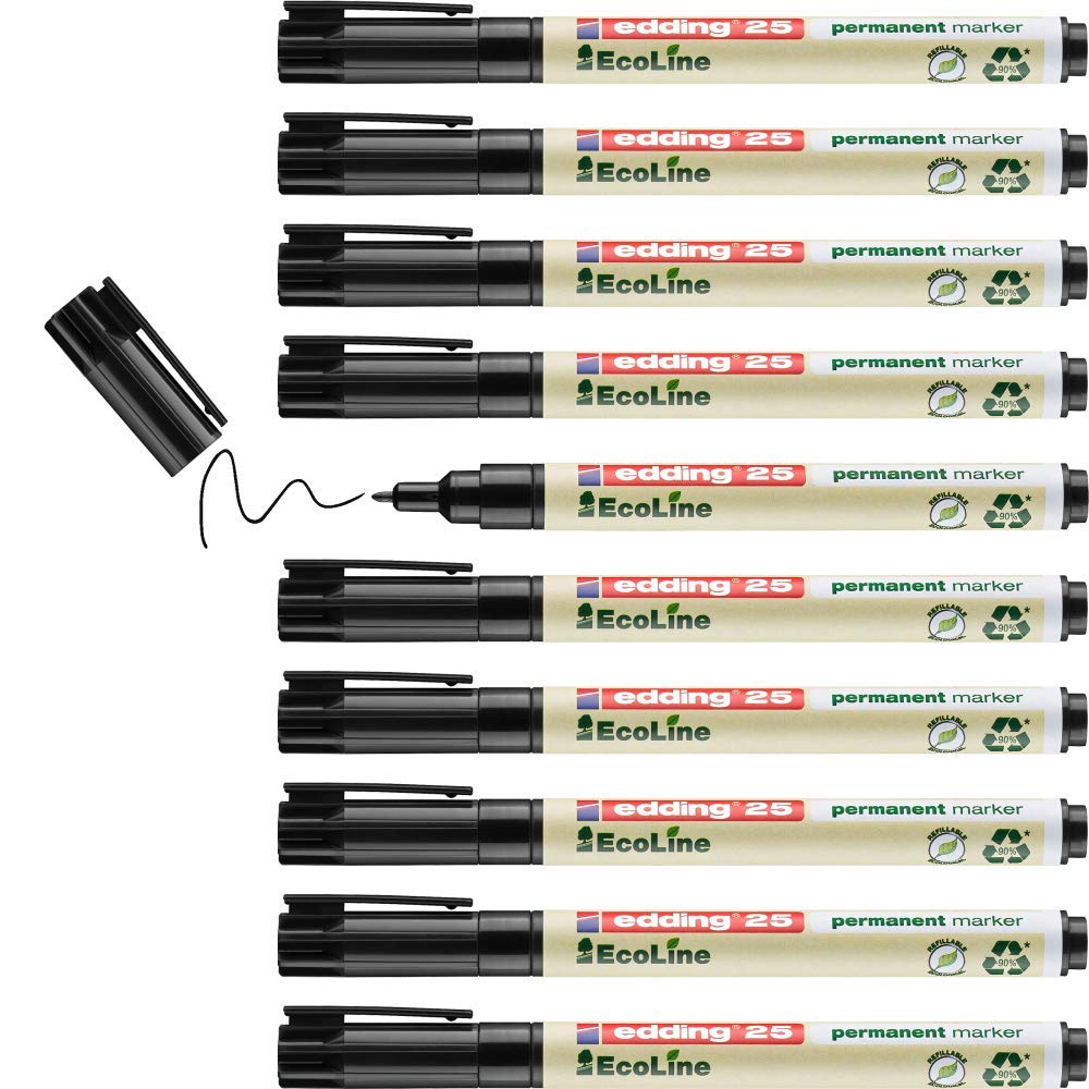 edding 25 Ecoline permanent marker - black - box of 10 - round tip 1 mm - waterproof, quick-drying, smear-proof pens - for cardboard, plastic, glass, wood, metal and fabric - refillable