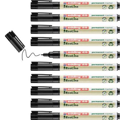 edding 25 Ecoline permanent marker - black - box of 10 - round tip 1 mm - waterproof, quick-drying, smear-proof pens - for cardboard, plastic, glass, wood, metal and fabric - refillable
