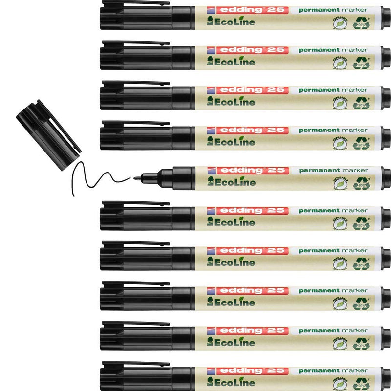 edding 25 Ecoline permanent marker - black - box of 10 - round tip 1 mm - waterproof, quick-drying, smear-proof pens - for cardboard, plastic, glass, wood, metal and fabric - refillable