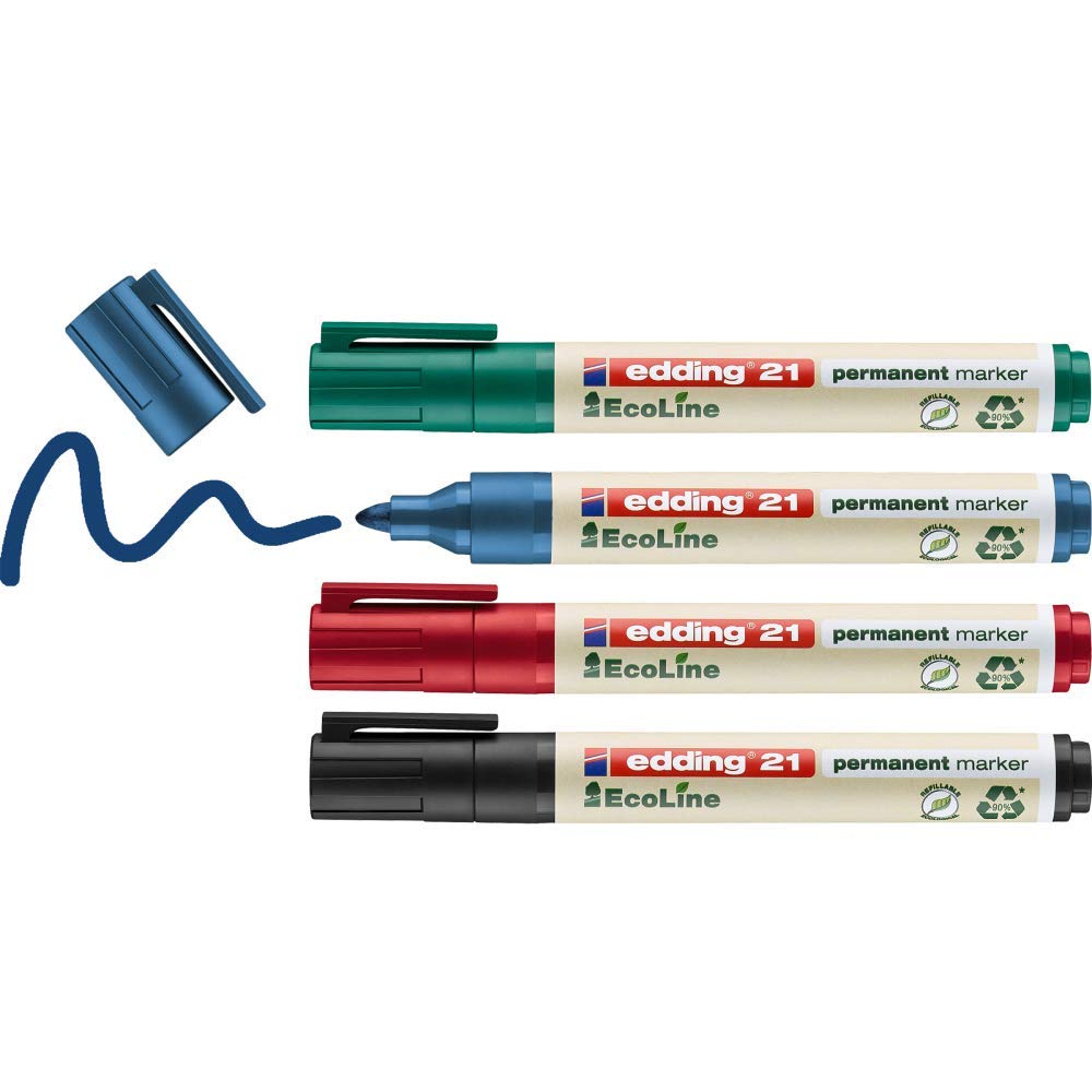 edding 21 EcoLine permanent marker set - black, red, blue, green - 4 pens - round nib 1.5-3 mm - waterproof, quick-drying, smear-proof pens - for cardboard, plastic, glass, wood, metal and fabric