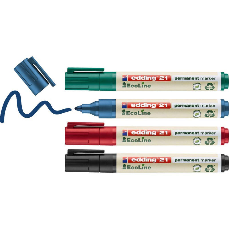 edding 21 EcoLine permanent marker set - black, red, blue, green - 4 pens - round nib 1.5-3 mm - waterproof, quick-drying, smear-proof pens - for cardboard, plastic, glass, wood, metal and fabric