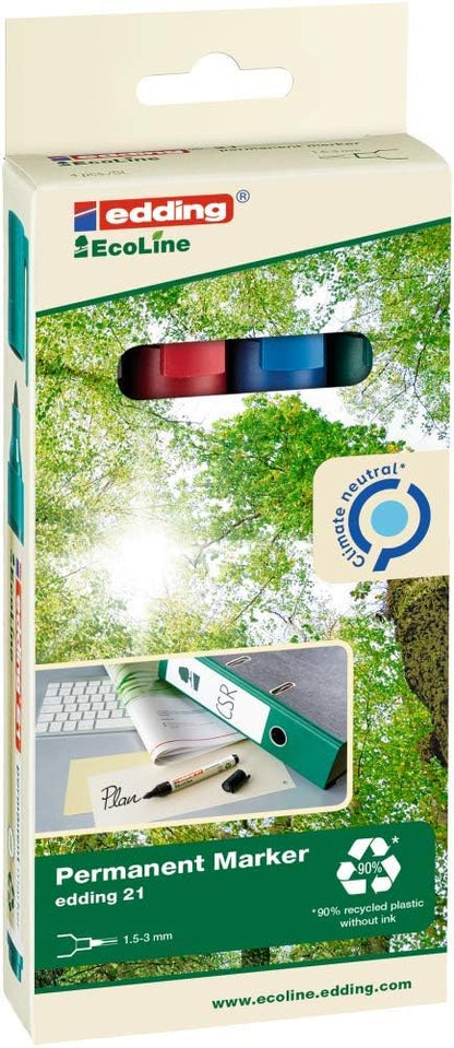 edding 21 EcoLine permanent marker set - black, red, blue, green - 4 pens - round nib 1.5-3 mm - waterproof, quick-drying, smear-proof pens - for cardboard, plastic, glass, wood, metal and fabric