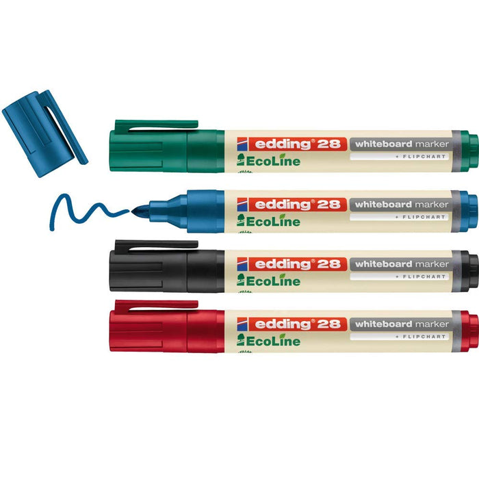 edding 28 EcoLine whiteboard marker - black, red, blue, green - set of 4 whiteboard pens - round nib 1.5-3 mm - whiteboard pen dry wipe - for whiteboards, flipcharts, memo boards - sketchnotes