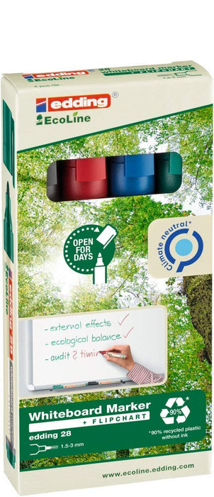 edding 28 EcoLine whiteboard marker - black, red, blue, green - set of 4 whiteboard pens - round nib 1.5-3 mm - whiteboard pen dry wipe - for whiteboards, flipcharts, memo boards - sketchnotes