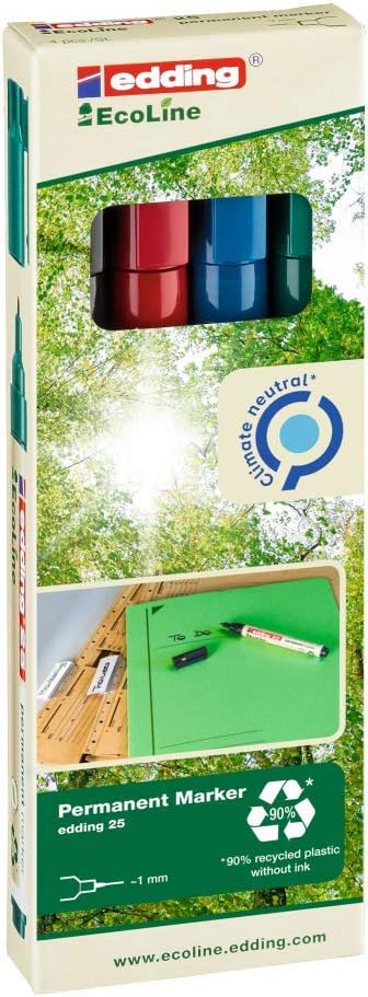 edding 25 EcoLine permanent marker set - black, red, blue, green - 4 pens - round nib 1 mm - waterproof, quick-drying, smear-proof pens - for cardboard, plastic, glass, wood, metal and fabric