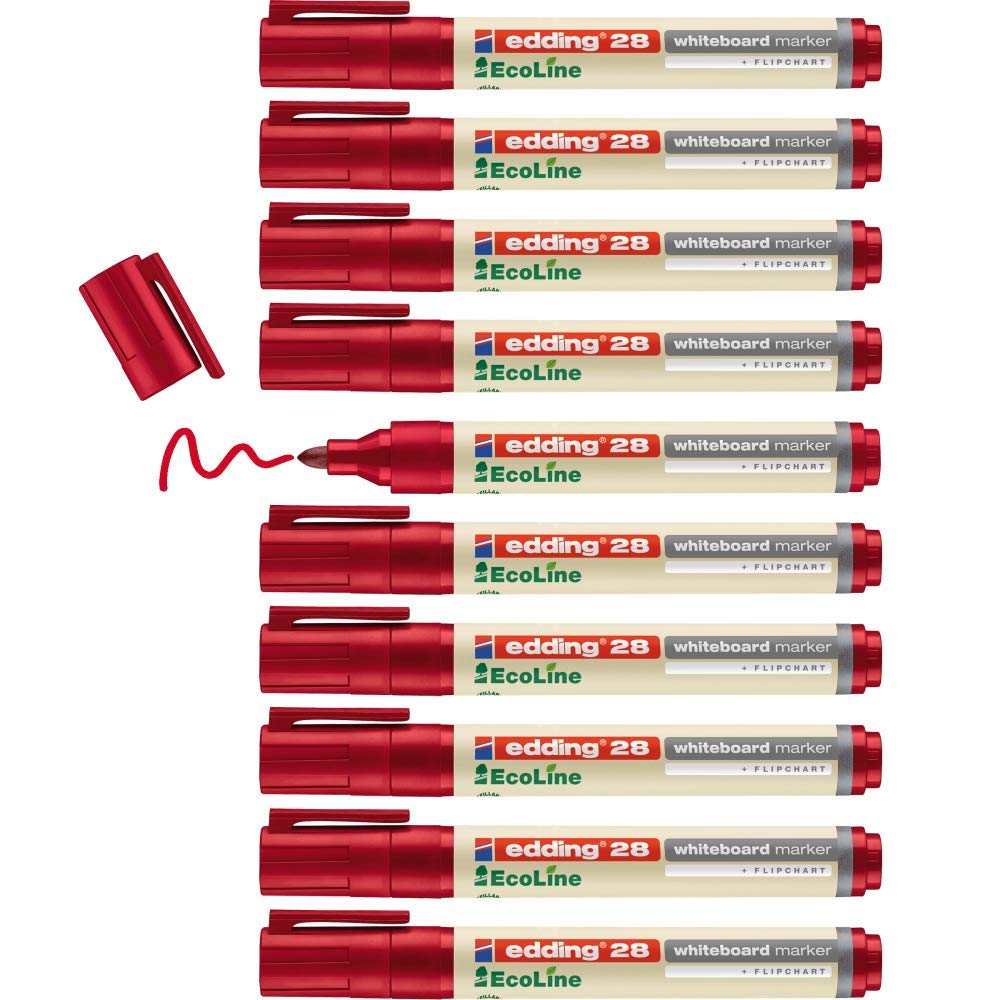 edding 28 Ecoline whiteboard marker - red - box of 10 whiteboard pens - round tip 1.5-3 mm - whiteboard pen dry wipe - for whiteboards, flipcharts, pinboards, memo boards - sketchnotes - refillable
