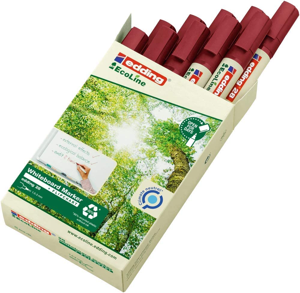 edding 28 Ecoline whiteboard marker - red - box of 10 whiteboard pens - round tip 1.5-3 mm - whiteboard pen dry wipe - for whiteboards, flipcharts, pinboards, memo boards - sketchnotes - refillable