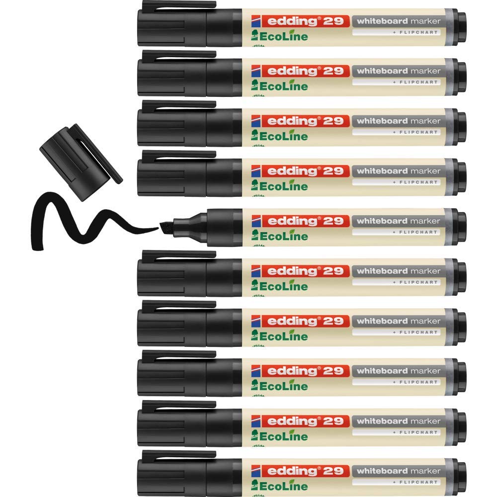 edding 29 Ecoline whiteboard marker - black - box of 10 whiteboard pens - chisel tip 1-5 mm - whiteboard pen dry wipe - for whiteboards, flipcharts, pinboards, memo boards - sketchnotes - refillable