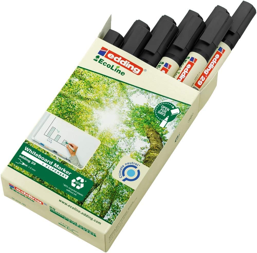 edding 29 Ecoline whiteboard marker - black - box of 10 whiteboard pens - chisel tip 1-5 mm - whiteboard pen dry wipe - for whiteboards, flipcharts, pinboards, memo boards - sketchnotes - refillable