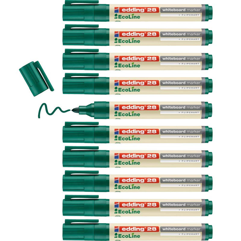 edding 28 Ecoline whiteboard marker - green - box of 10 whiteboard pens - round tip 1.5-3 mm - whiteboard pen dry wipe - for whiteboards, flipcharts, pinboards, memo boards - sketchnotes - refillable