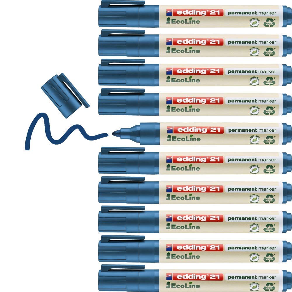 edding 21 Ecoline permanent marker - blue - box of 10 - round tip 1.5-3 mm - waterproof, quick-drying, smear-proof pens - for cardboard, plastic, glass, wood, metal and fabric - refillable