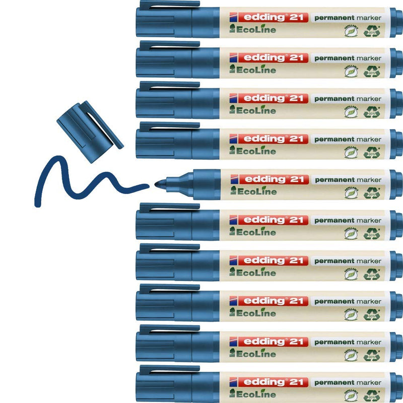 edding 21 Ecoline permanent marker - blue - box of 10 - round tip 1.5-3 mm - waterproof, quick-drying, smear-proof pens - for cardboard, plastic, glass, wood, metal and fabric - refillable