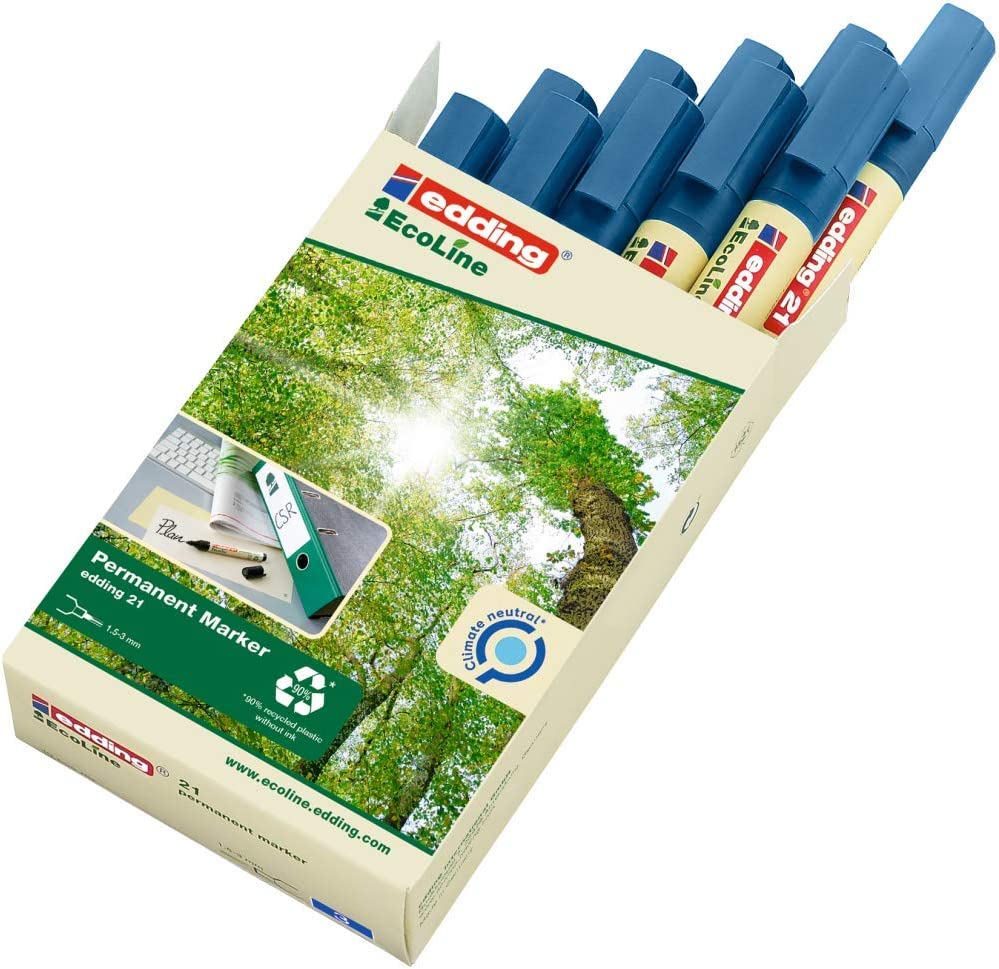 edding 21 Ecoline permanent marker - blue - box of 10 - round tip 1.5-3 mm - waterproof, quick-drying, smear-proof pens - for cardboard, plastic, glass, wood, metal and fabric - refillable