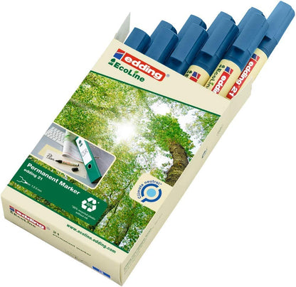 edding 21 Ecoline permanent marker - blue - box of 10 - round tip 1.5-3 mm - waterproof, quick-drying, smear-proof pens - for cardboard, plastic, glass, wood, metal and fabric - refillable