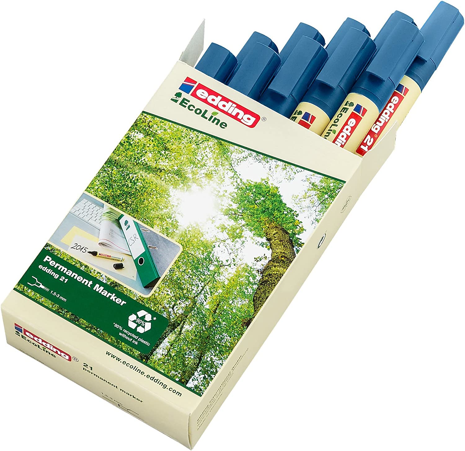 edding 21 Ecoline permanent marker - blue - box of 10 - round tip 1.5-3 mm - waterproof, quick-drying, smear-proof pens - for cardboard, plastic, glass, wood, metal and fabric - refillable