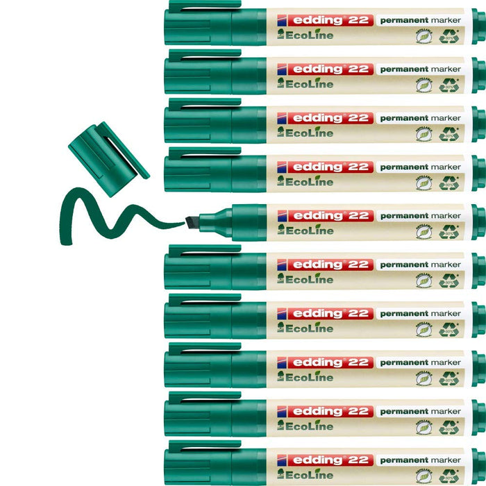 edding 22 Ecoline permanent marker - green - box of 10 - chisel tip 1-5 mm - waterproof, quick-drying, smear-proof pens - for cardboard, plastic, glass, wood, metal and fabric - refillable