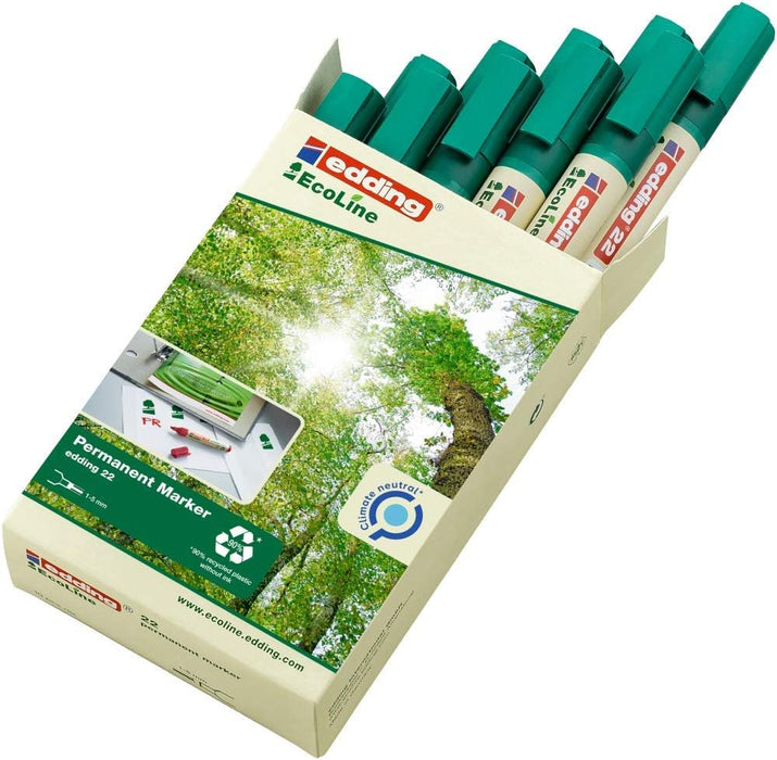 edding 22 Ecoline permanent marker - green - box of 10 - chisel tip 1-5 mm - waterproof, quick-drying, smear-proof pens - for cardboard, plastic, glass, wood, metal and fabric - refillable