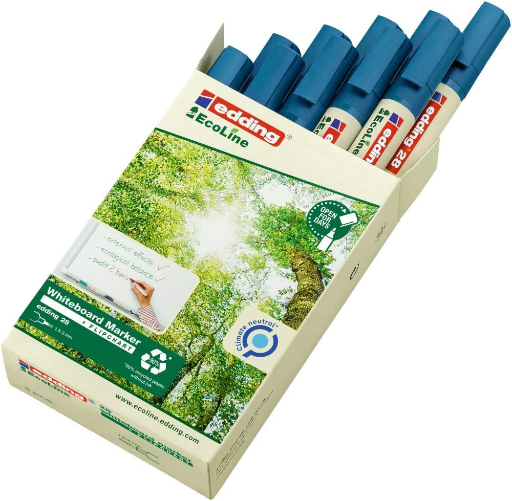 edding 28 Ecoline whiteboard marker - blue - box of 10 whiteboard pens - round tip 1.5-3 mm - whiteboard pen dry wipe - for whiteboards, flipcharts, pinboards, memo boards - sketchnotes - refillable