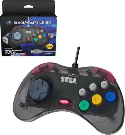 Retro-Bit Official SEGA Saturn USB Control Pad for PC, Mac, Steam, RetroPie, Raspberry Pi - USB Port - Slate Grey