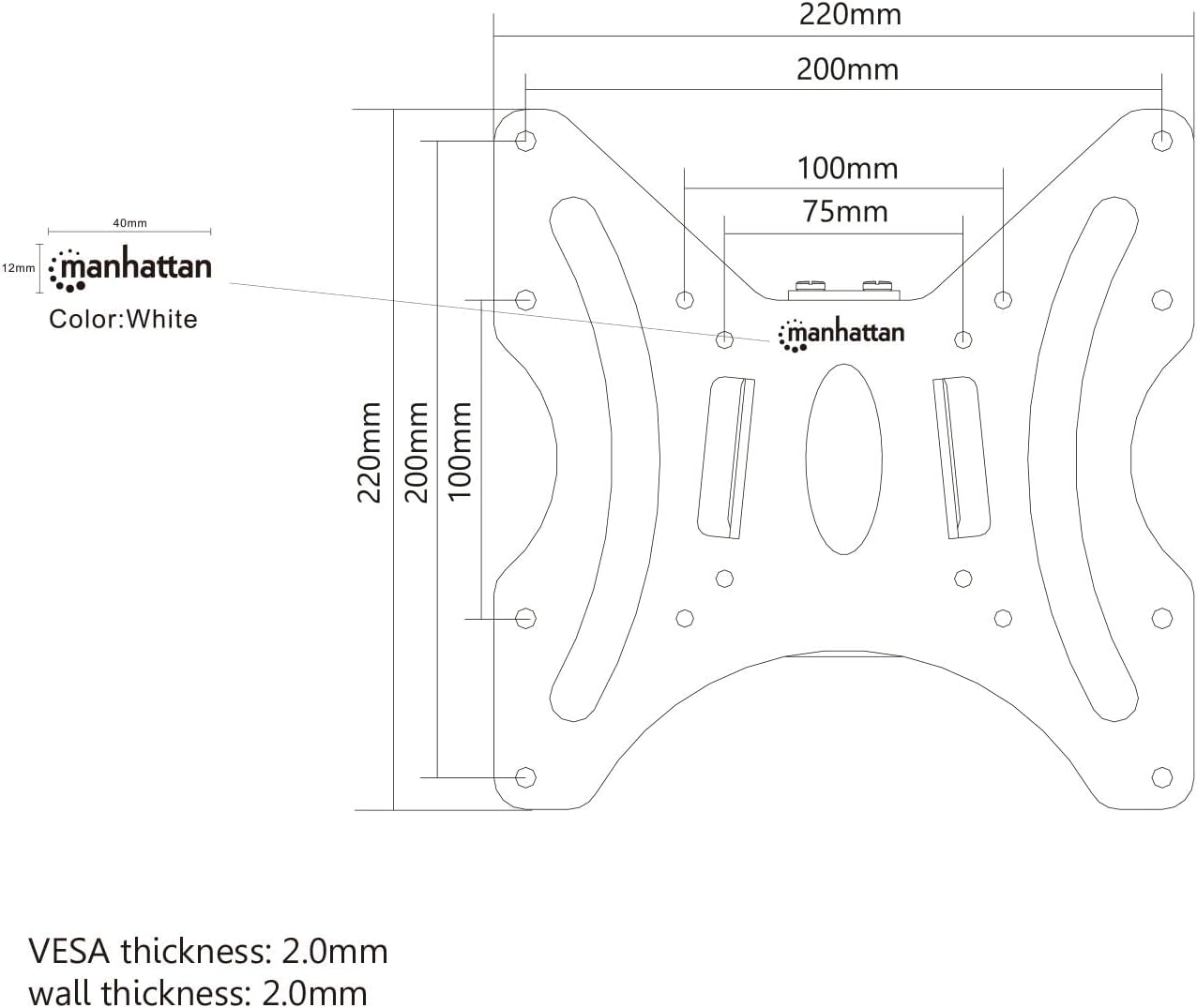 Manhattan TV & Monitor Mount, Wall, Fixed, 1 screen, Screen Sizes: 23-42", Black, VESA: 75x75 to 200x200mm, Max 30kg,