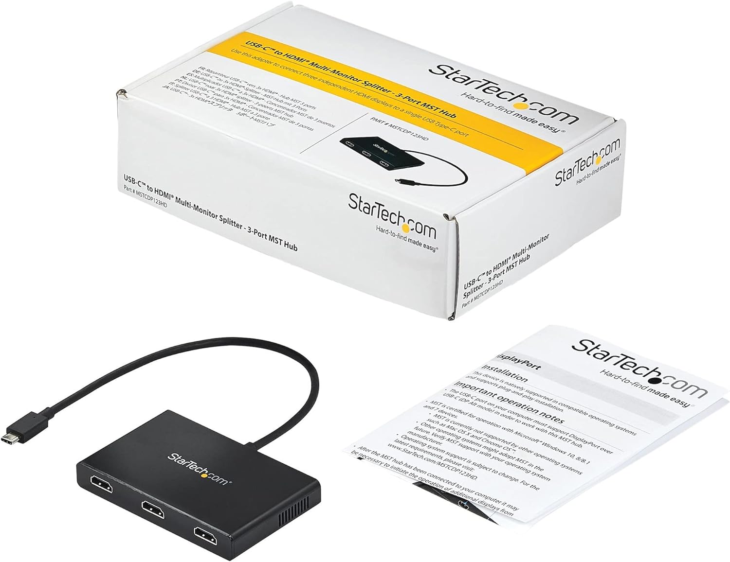 StarTech.com 3-Port USB-C Multi-Monitor Adapter, USB Type-C to 3x HDMI MST Hub, Triple 1080p 60Hz HDMI Laptop Display Extender/Splitter, Extra-Long Built-In Cable, Windows Only (MSTCDP123HD) USB-C DP