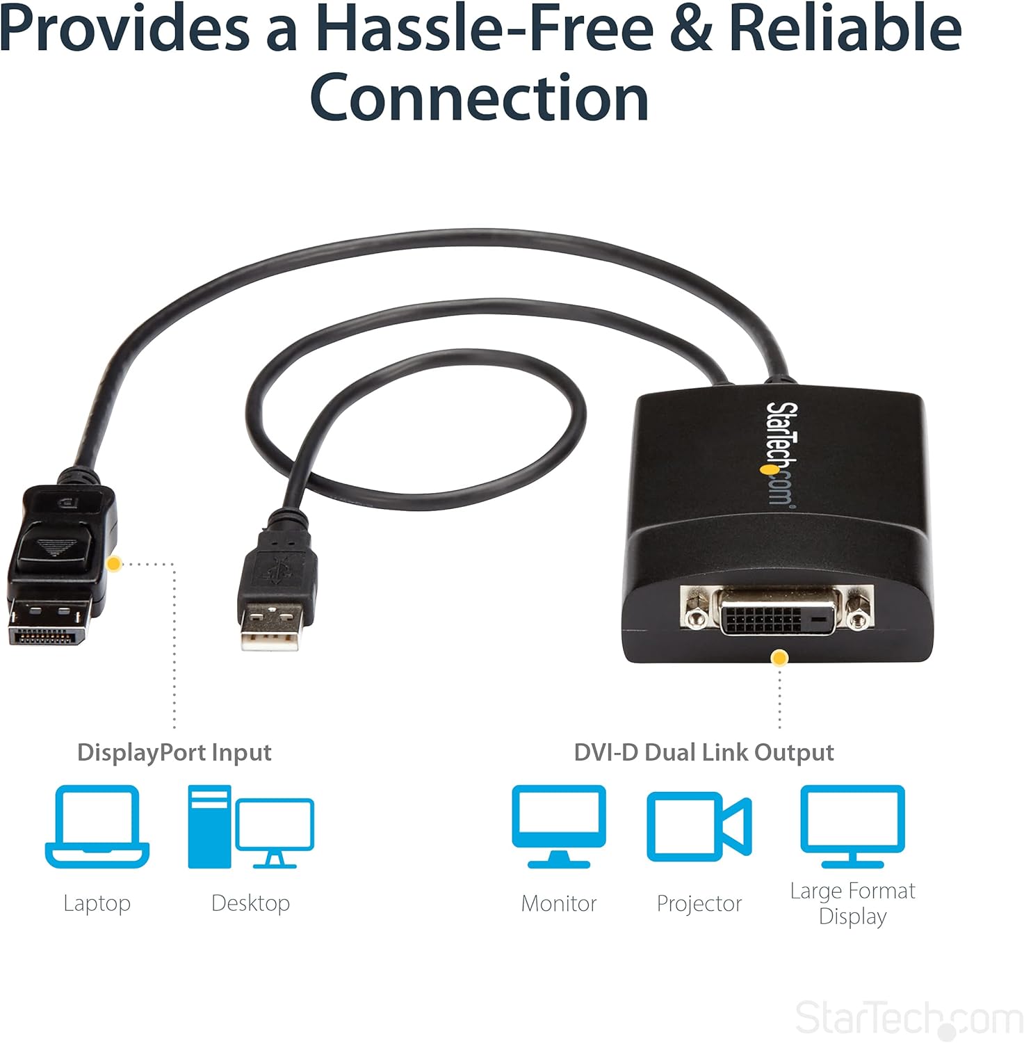 StarTech.com DisplayPort to DVI Dual Link Active Adapter - DisplayPort to DVI-D Adapter Video Converter 2560x1600 60Hz - DP 1.2 to DVI Monitor - USB Powered - Latching DP Connector (DP2DVID2
