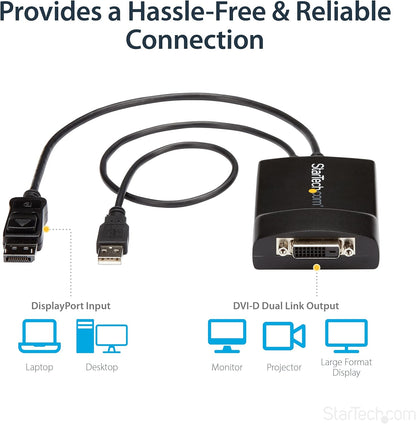 StarTech.com DisplayPort to DVI Dual Link Active Adapter - DisplayPort to DVI-D Adapter Video Converter 2560x1600 60Hz - DP 1.2 to DVI Monitor - USB Powered - Latching DP Connector (DP2DVID2