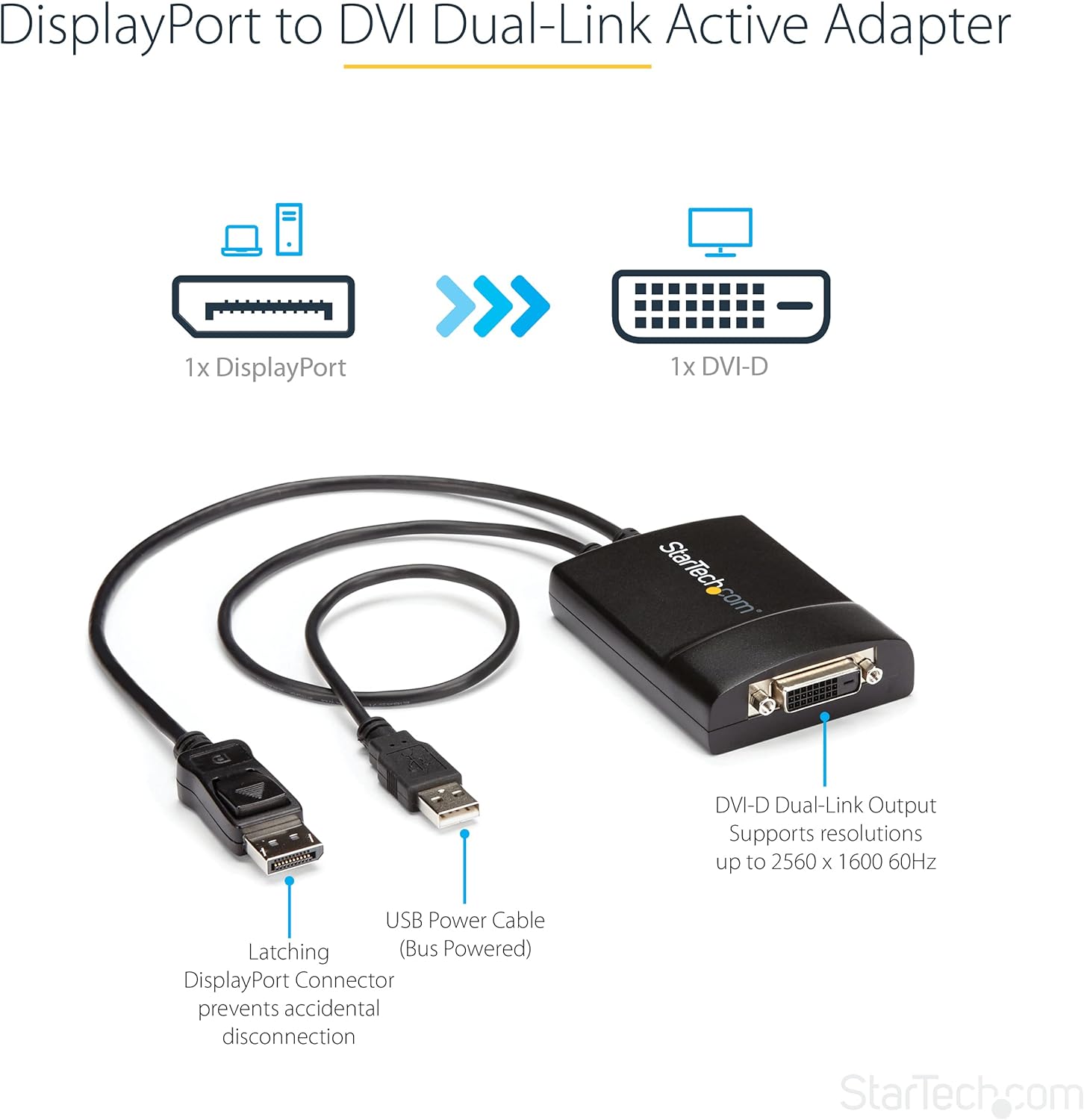StarTech.com DisplayPort to DVI Dual Link Active Adapter - DisplayPort to DVI-D Adapter Video Converter 2560x1600 60Hz - DP 1.2 to DVI Monitor - USB Powered - Latching DP Connector (DP2DVID2