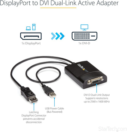 StarTech.com DisplayPort to DVI Dual Link Active Adapter - DisplayPort to DVI-D Adapter Video Converter 2560x1600 60Hz - DP 1.2 to DVI Monitor - USB Powered - Latching DP Connector (DP2DVID2