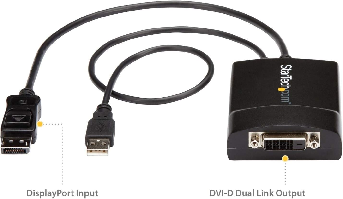 StarTech.com DisplayPort to DVI Dual Link Active Adapter - DisplayPort to DVI-D Adapter Video Converter 2560x1600 60Hz - DP 1.2 to DVI Monitor - USB Powered - Latching DP Connector (DP2DVID2