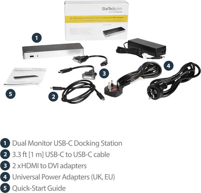 StarTech.com Dual Monitor USB C Docking Station with 60W Power Delivery for Windows Laptops - USB C to HDMI / DVI Dock - USB 3.1 Gen 1 Type C Dock w/ Charging - Thunderbolt 3 Compatible (MST30C2HHPDU