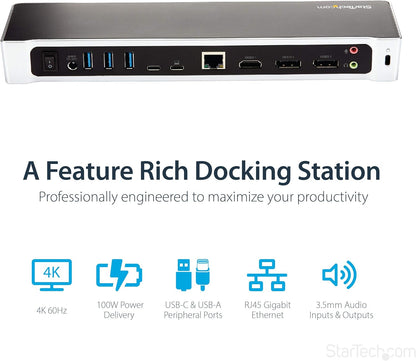 StarTech.com USB-C Dock - 4K Triple Monitor Laptop Docking Station with Dual DisplayPort & HDMI - 100W Power Delivery - USB-C, 4x USB-A Hub - USB 3.1 Gen 1 Type-C Dock - Windows & Mac (DK30CH2DEPUE