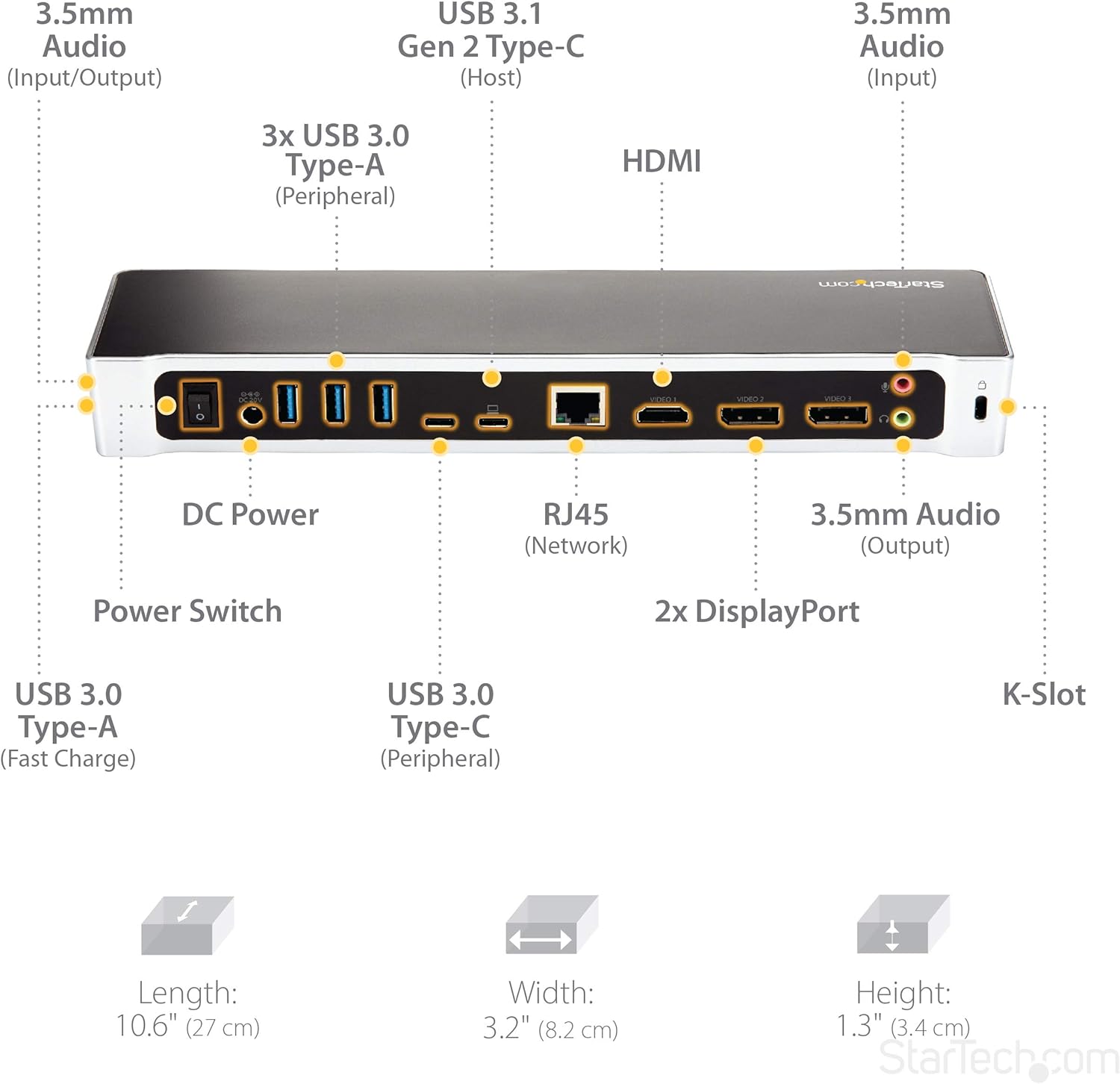 StarTech.com USB-C Dock - 4K Triple Monitor Laptop Docking Station with Dual DisplayPort & HDMI - 100W Power Delivery - USB-C, 4x USB-A Hub - USB 3.1 Gen 1 Type-C Dock - Windows & Mac (DK30CH2DEPUE