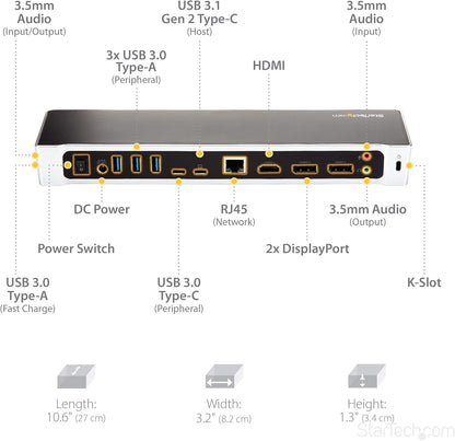 StarTech.com USB-C Dock - 4K Triple Monitor Laptop Docking Station with Dual DisplayPort & HDMI - 100W Power Delivery - USB-C, 4x USB-A Hub - USB 3.1 Gen 1 Type-C Dock - Windows & Mac (DK30CH2DEPUE