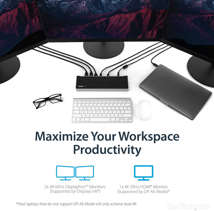 StarTech.com USB-C Dock - 4K Triple Monitor Laptop Docking Station with Dual DisplayPort & HDMI - 100W Power Delivery - USB-C, 4x USB-A Hub - USB 3.1 Gen 1 Type-C Dock - Windows & Mac (DK30CH2DEPUE