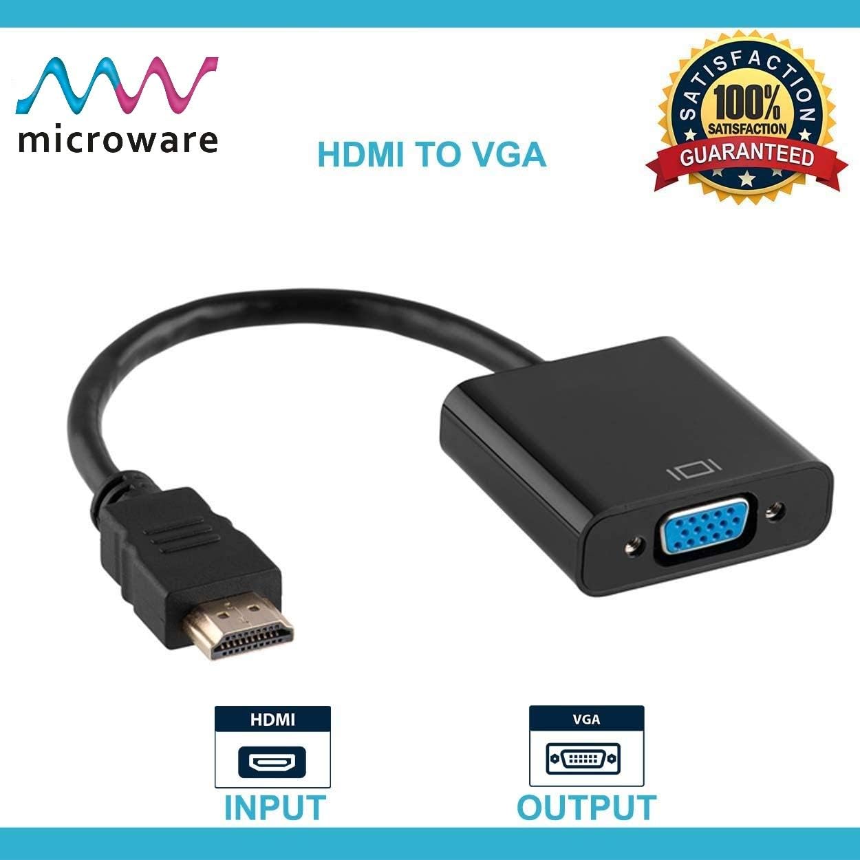 Manhattan HDMI to VGA Converter cable, 1080p, 30cm, Male to Female, Micro-USB Power Input Port for additional power if needed, Black, Three Year Warranty, Polybag