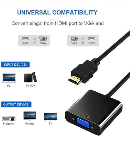 Manhattan HDMI to VGA Converter cable, 1080p, 30cm, Male to Female, Micro-USB Power Input Port for additional power if needed, Black, Three Year Warranty, Polybag